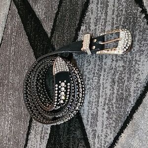 WESTERN GENUINE BLACK LEATHER VELVET RHINESTONES BELT LARGE